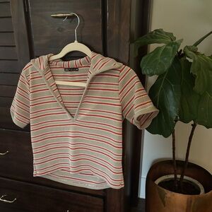 Zara Striped Knit V-Neck Cropped Tee in Cream & Rust